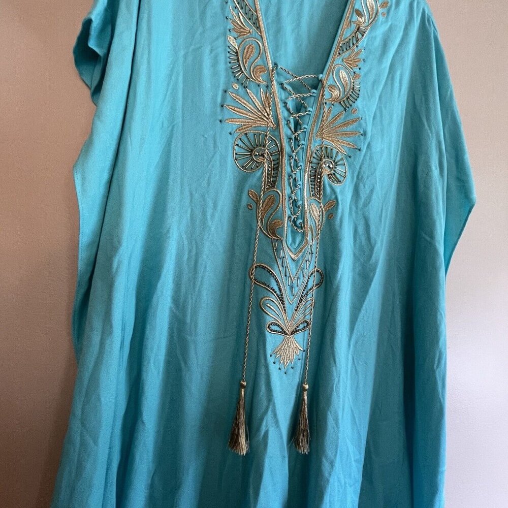 LILLY PULITZER Beaded Seaside Aqua Chai Caftan Swimsuit Coverup S/M - Picture 4 of 12